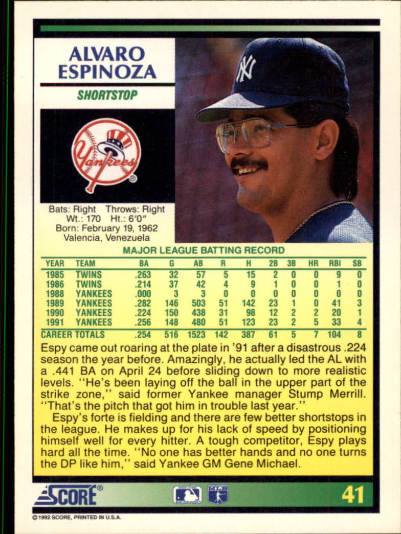 1992 Score #41 Alvaro Espinoza back image