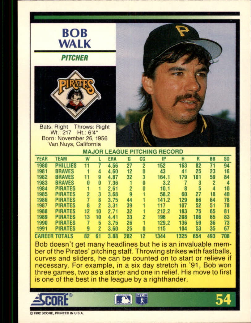 1992 Score #54 Bob Walk back image