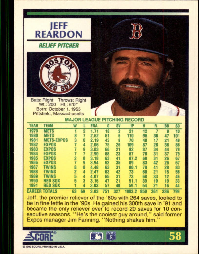 1992 Score #58 Jeff Reardon back image