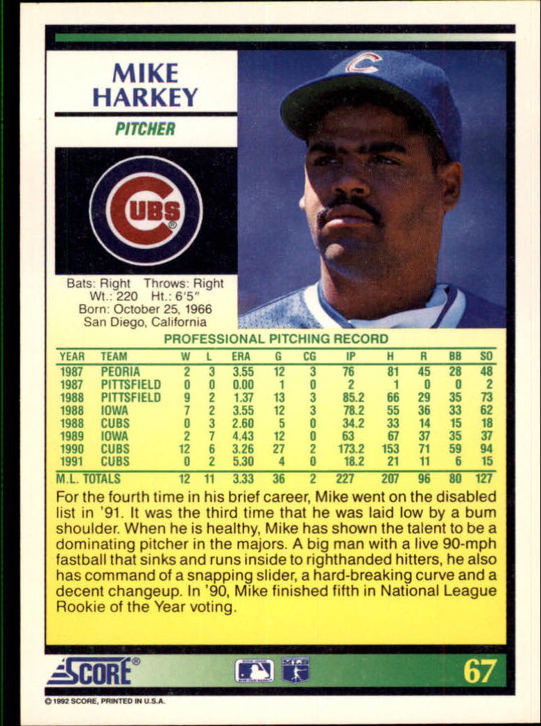 1992 Score #67 Mike Harkey back image