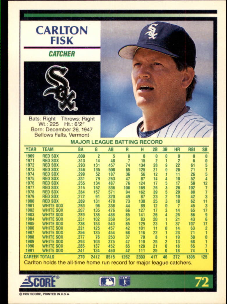 1992 Score #72 Carlton Fisk back image