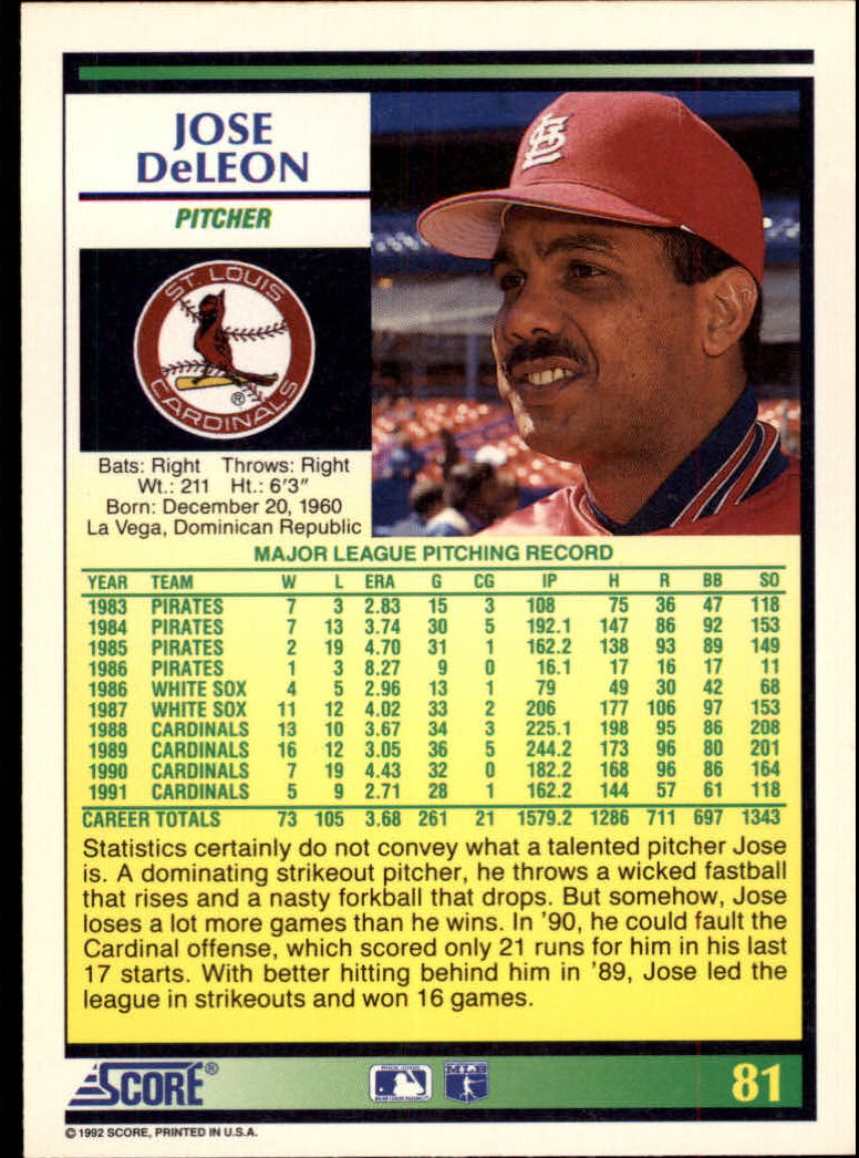 1992 Score #81 Jose DeLeon back image