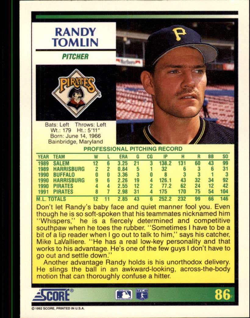 1992 Score #86 Randy Tomlin back image