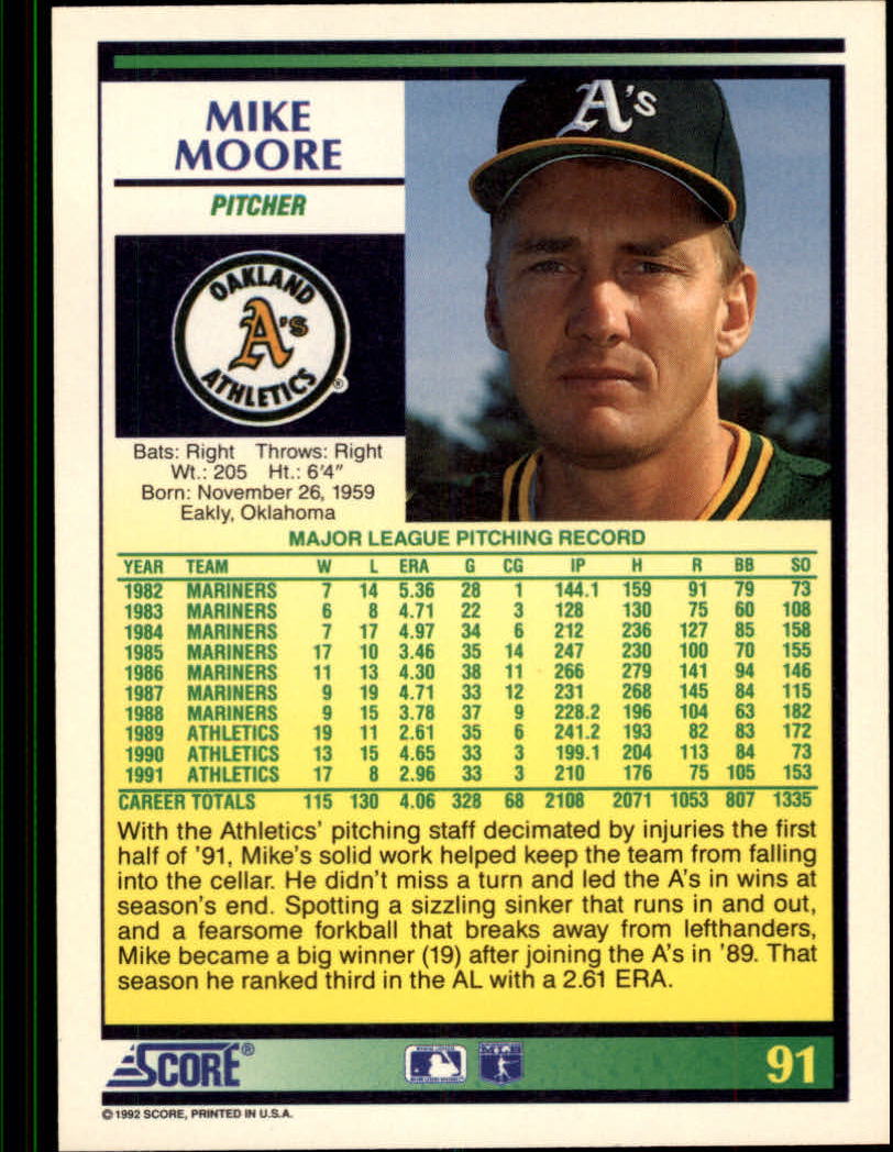 1992 Score #91 Mike Moore back image