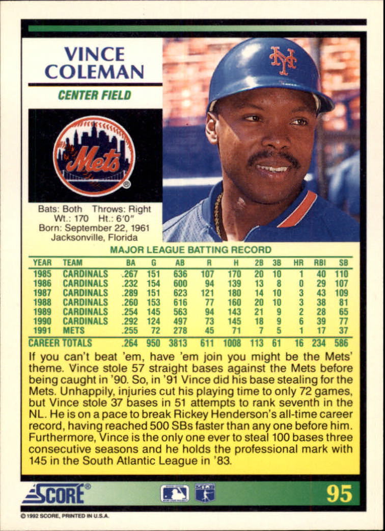 1992 Score #95 Vince Coleman back image