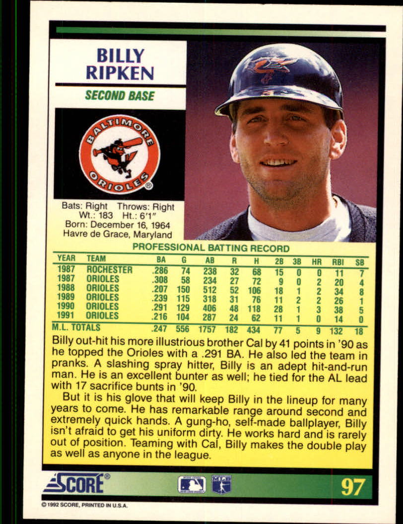 1992 Score #97 Billy Ripken back image