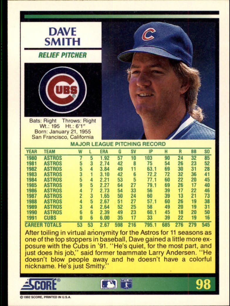 1992 Score #98 Dave Smith back image