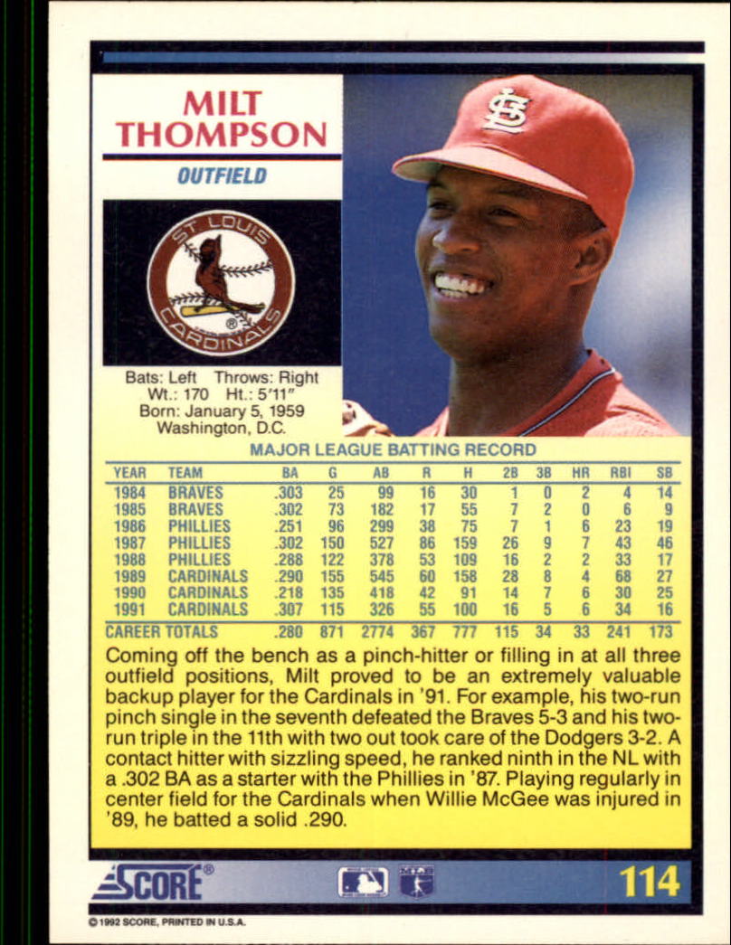 1992 Score #114 Milt Thompson back image
