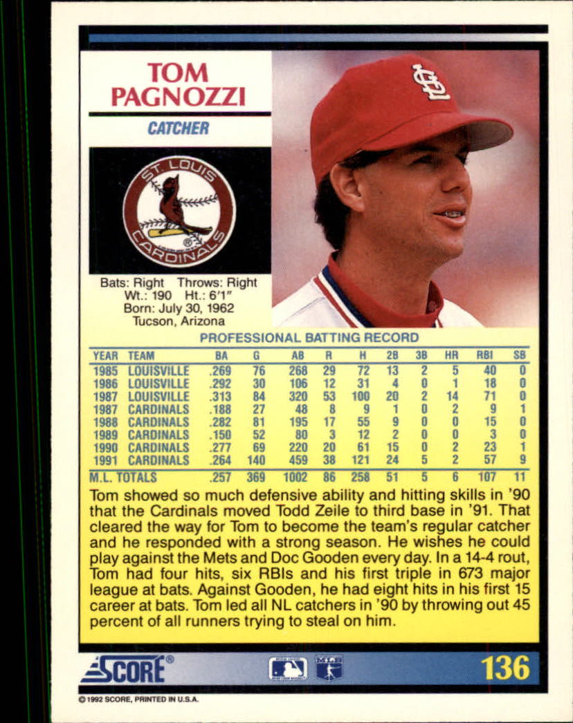 1992 Score #136 Tom Pagnozzi back image