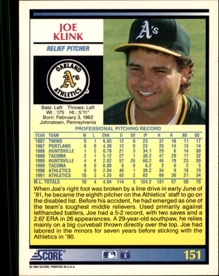 1992 Score #151 Joe Klink back image