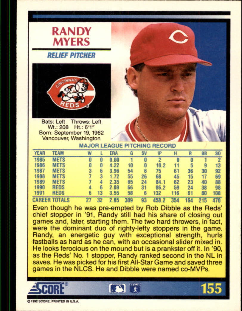 1992 Score #155 Randy Myers back image