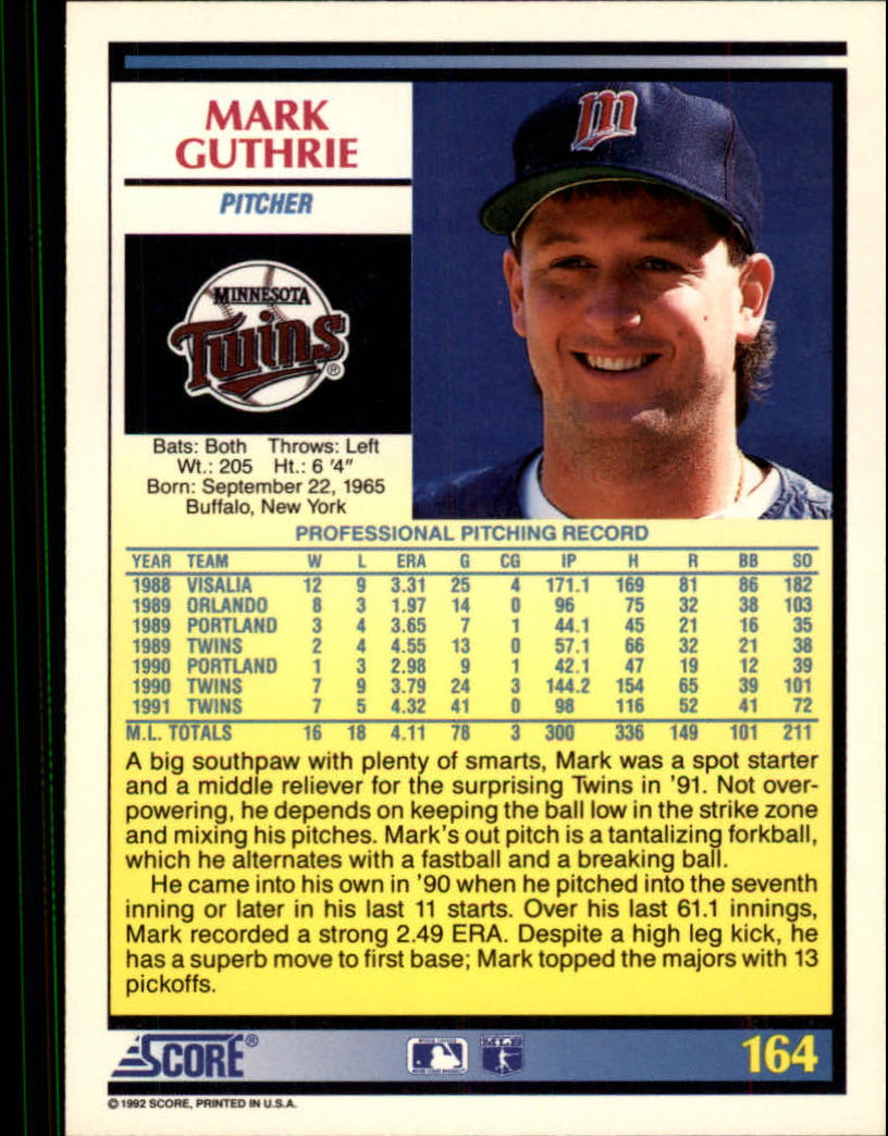 1992 Score #164 Mark Guthrie back image