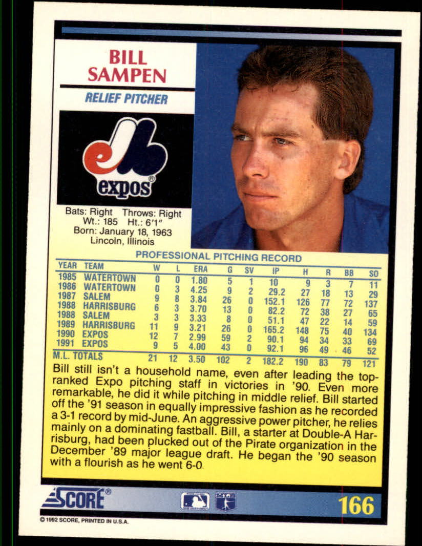 1992 Score #166 Bill Sampen back image