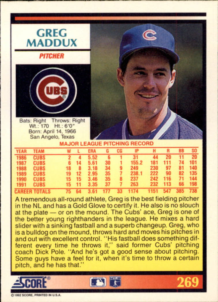 1992 Score #269 Greg Maddux back image