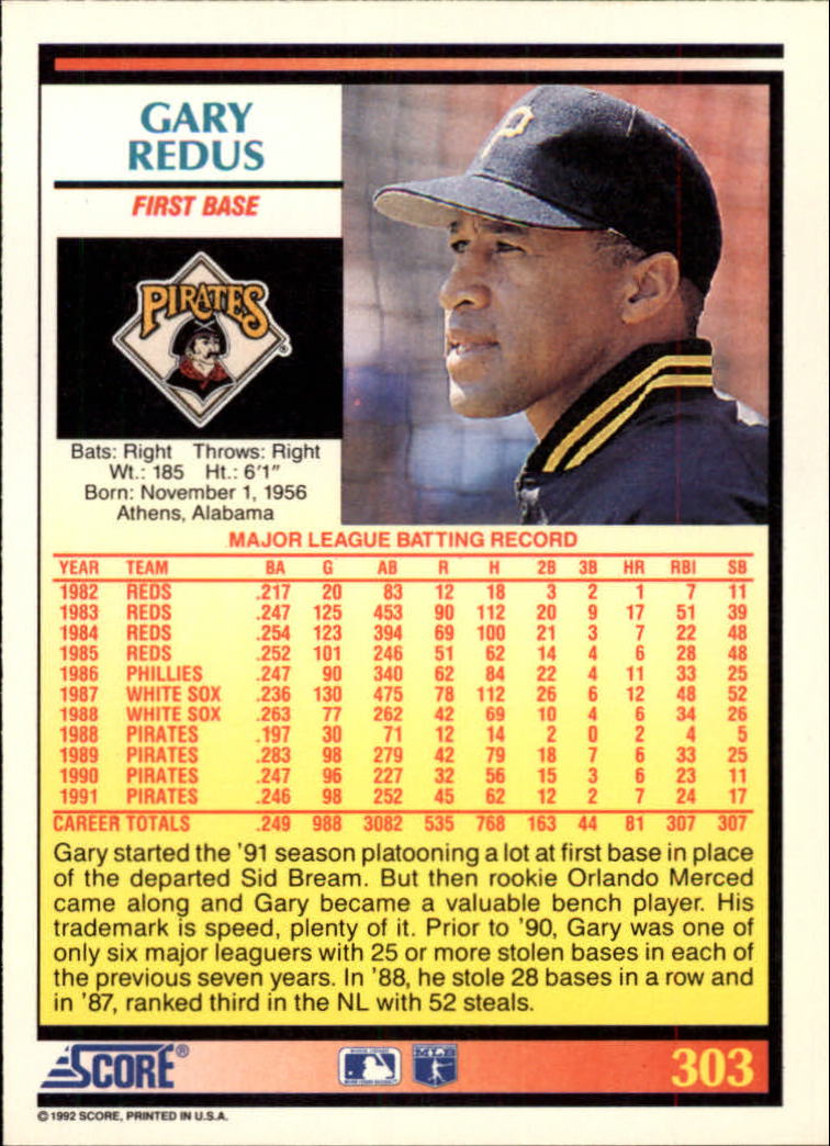 1992 Score #303 Gary Redus back image