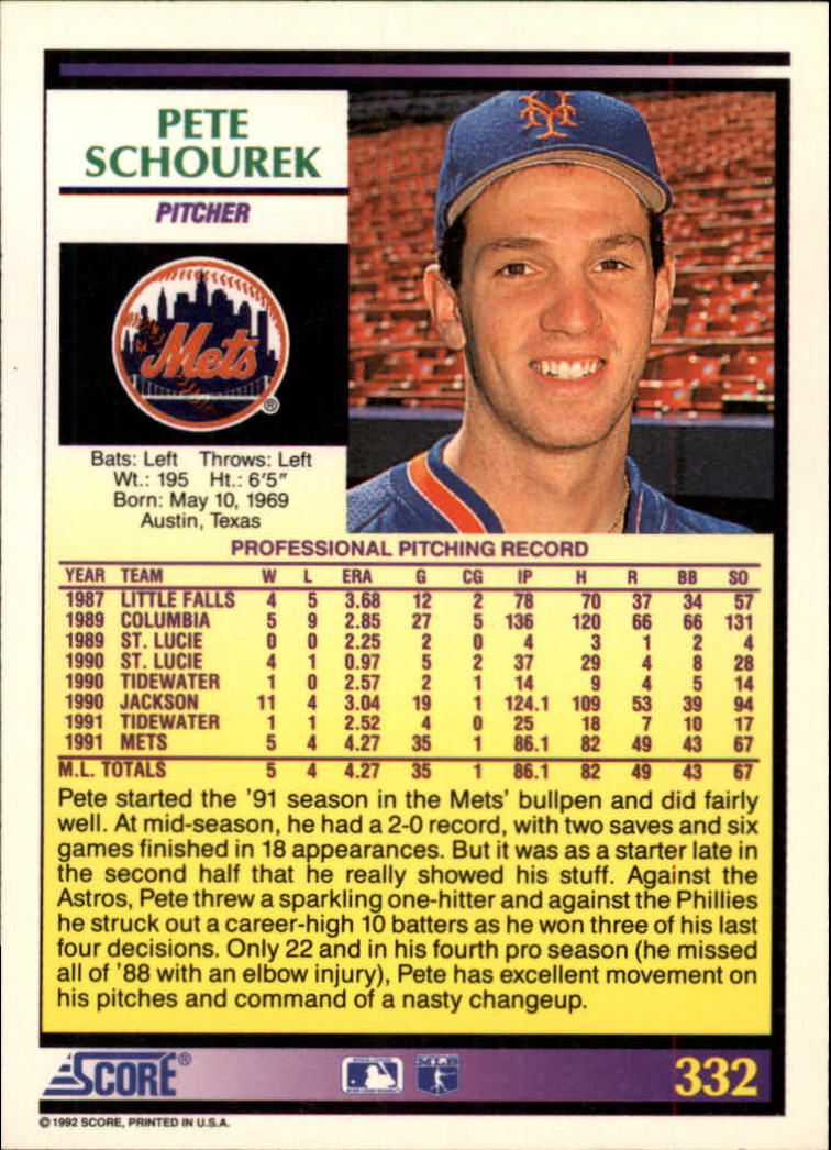 1992 Score #332 Pete Schourek back image