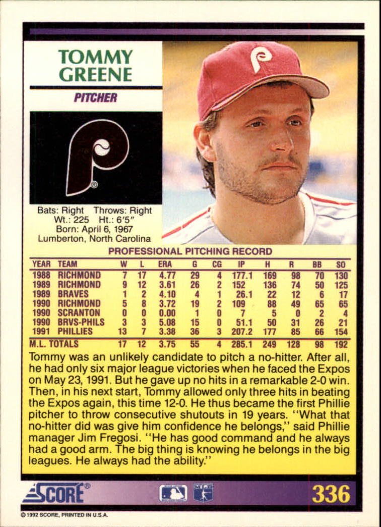 1992 Score #336 Tommy Greene back image