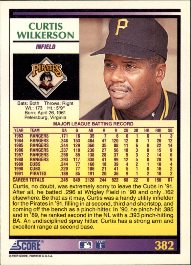 1992 Score #382 Curtis Wilkerson back image