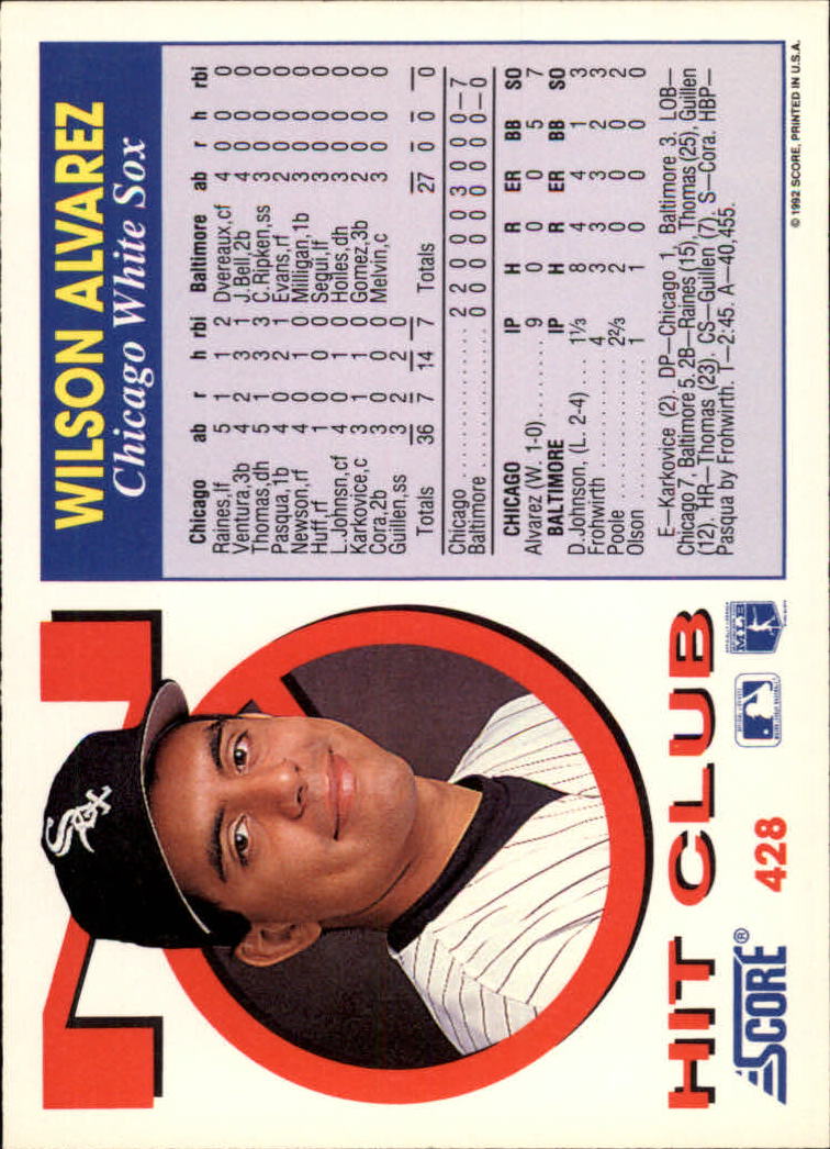 1992 Score #428 Wilson Alvarez NH back image