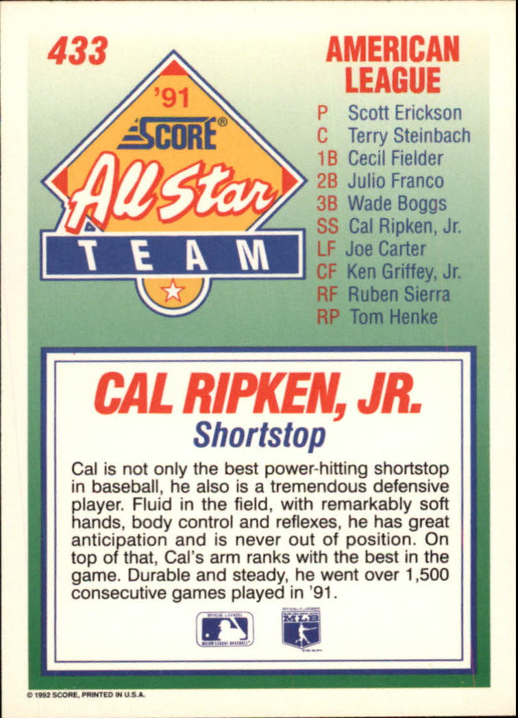 1992 Score #433 Cal Ripken AS back image