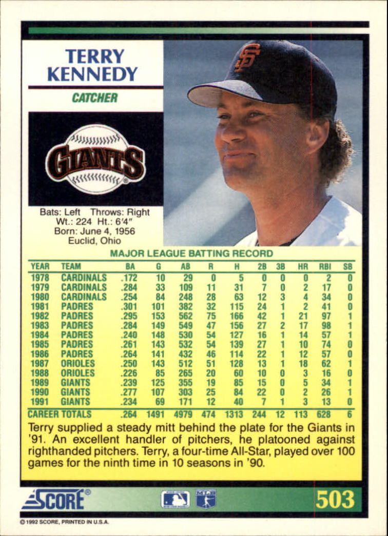 1992 Score #503 Terry Kennedy back image