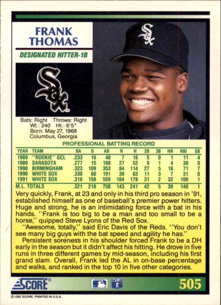 1992 Score #505 Frank Thomas UER/His Gulf Coast League/stats are wrong back image