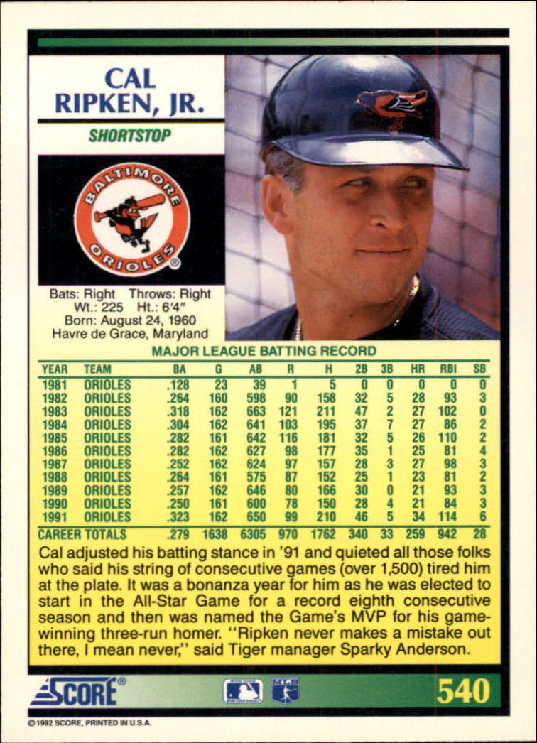 1992 Score #540 Cal Ripken back image