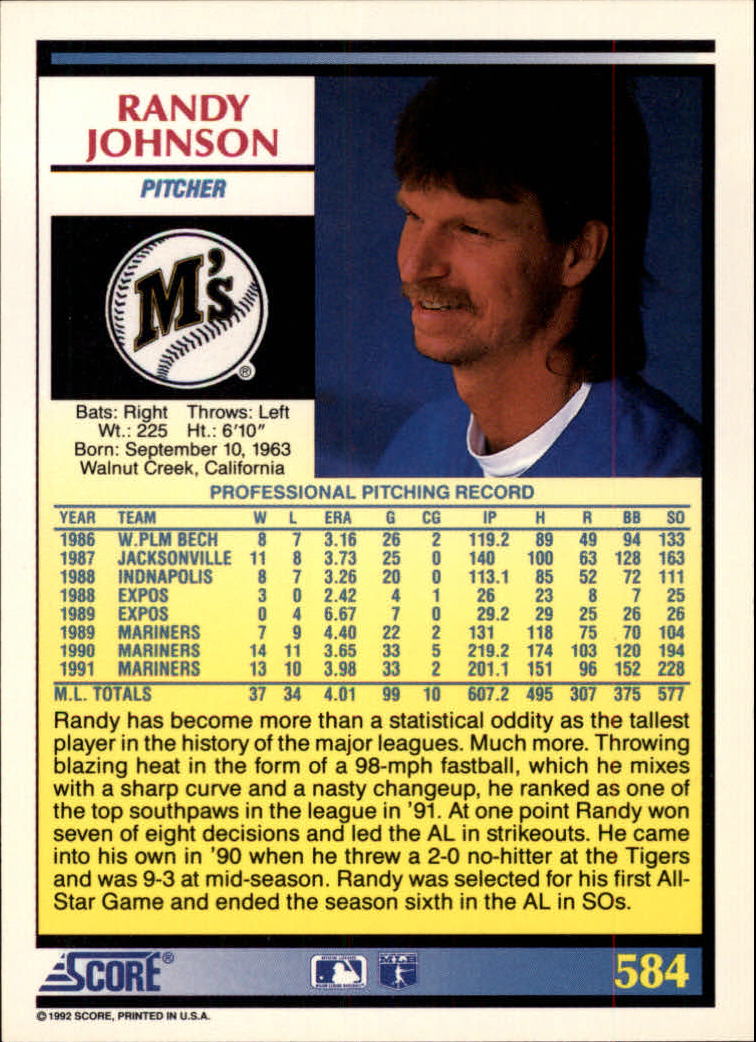 1992 Score #584 Randy Johnson back image