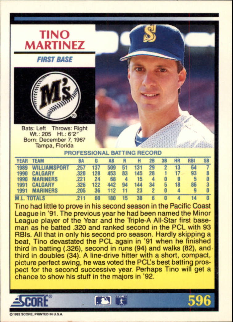1992 Score #596 Tino Martinez back image
