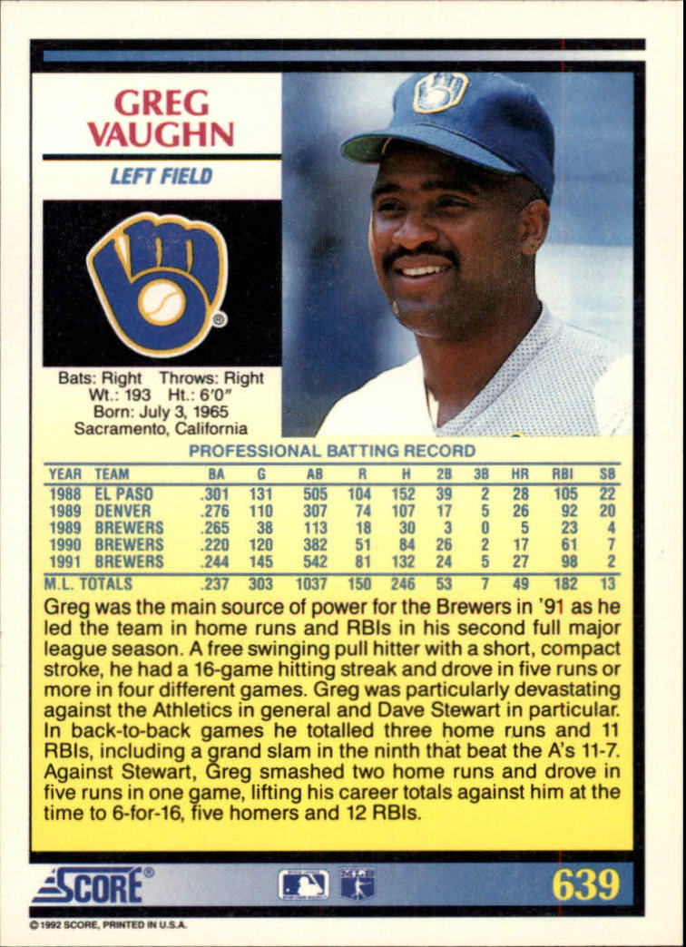 1992 Score #639 Greg Vaughn back image
