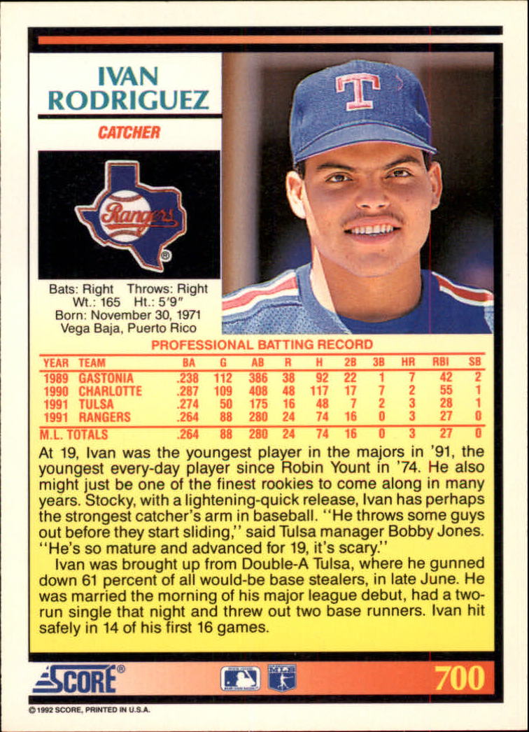 1992 Score #700 Ivan Rodriguez back image