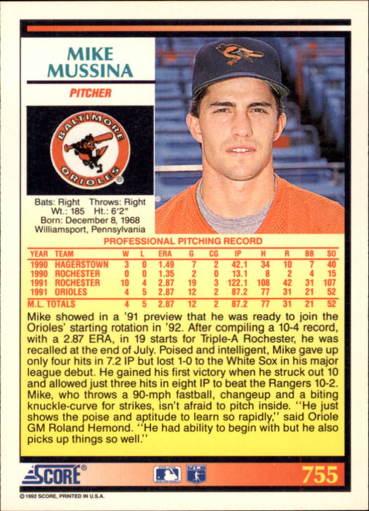 1992 Score #755 Mike Mussina back image