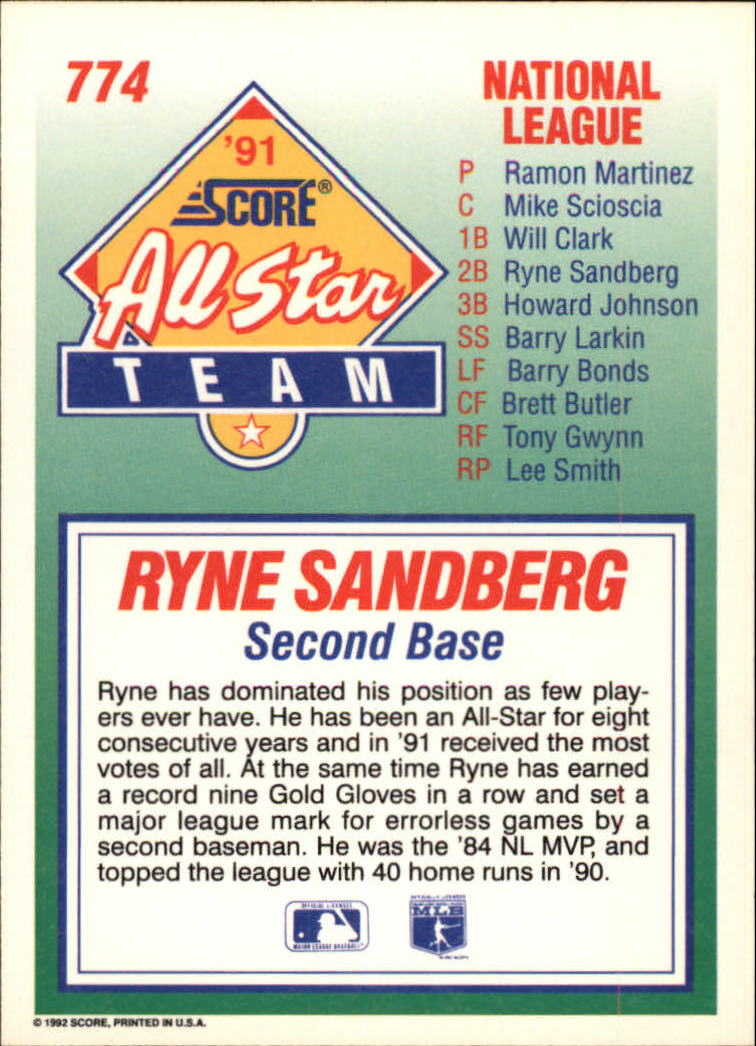 1992 Score #774 Ryne Sandberg AS back image