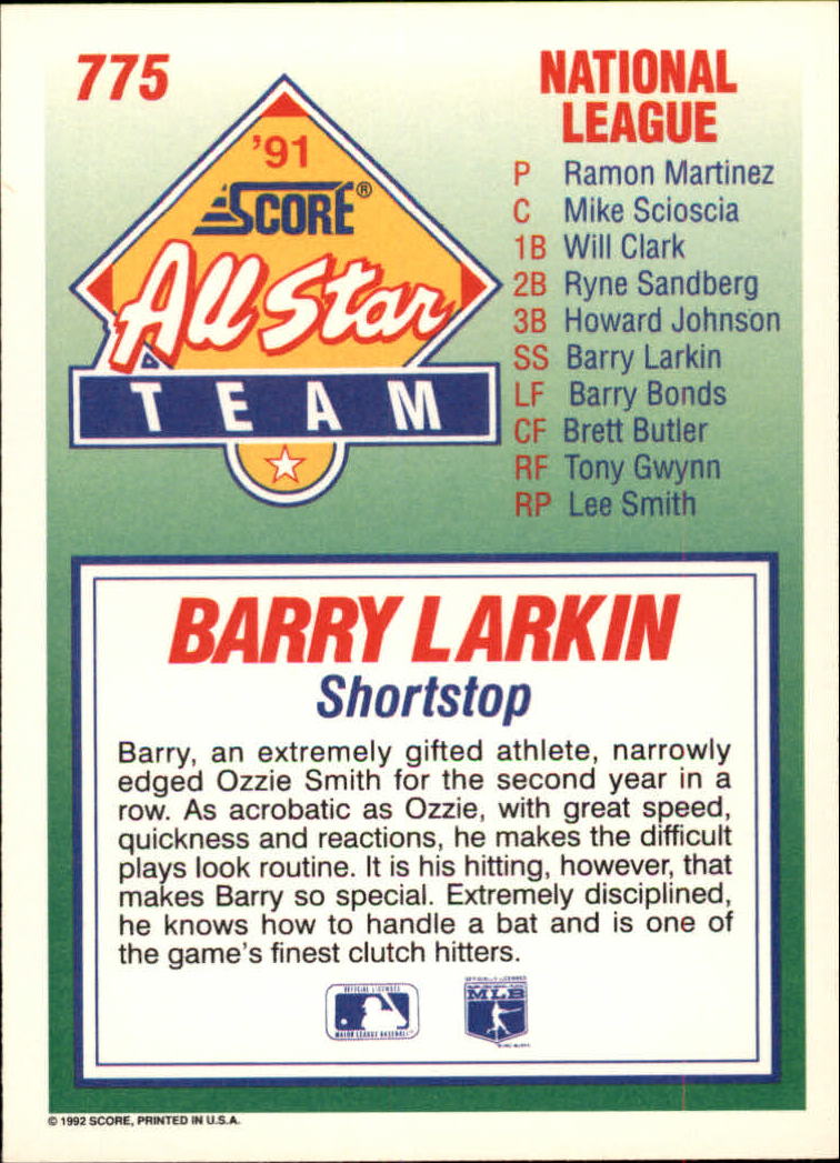 1992 Score #775 Barry Larkin AS back image