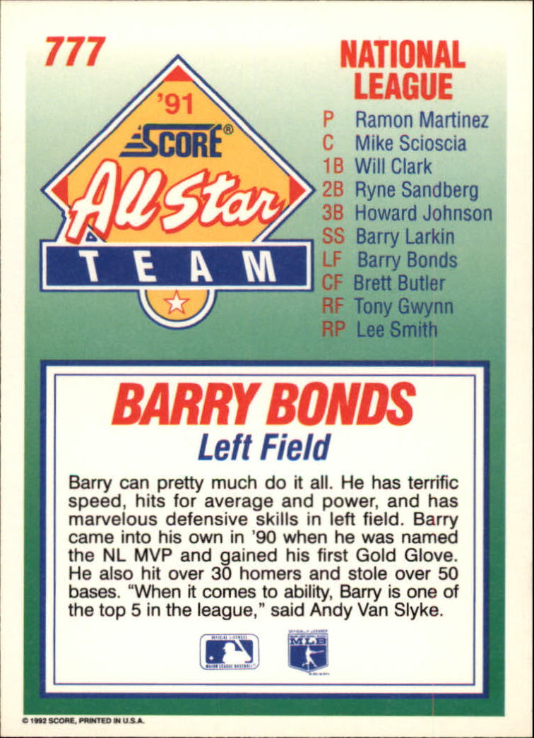 1992 Score #777 Barry Bonds AS back image