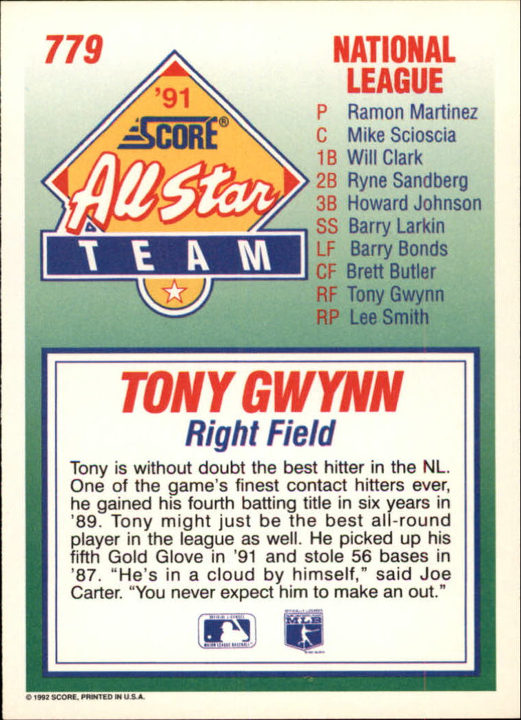 1992 Score #779 Tony Gwynn AS back image