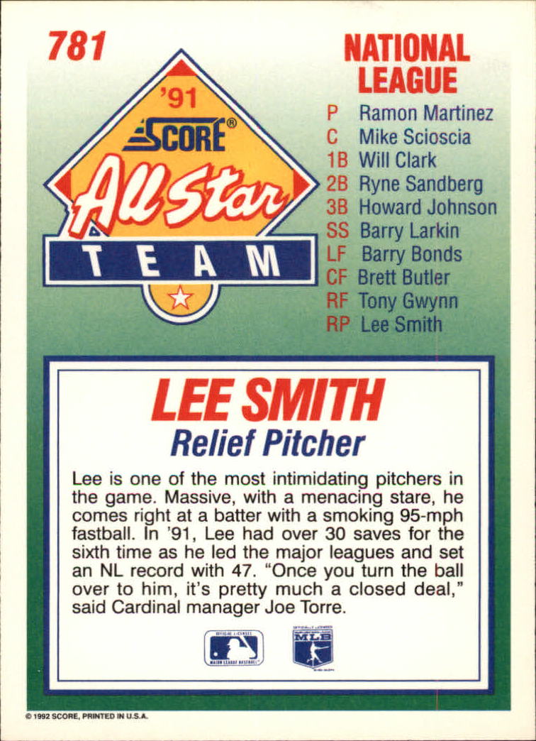 1992 Score #781 Lee Smith AS back image