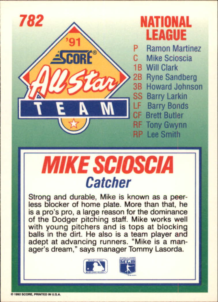 1992 Score #782 Mike Scioscia AS - NM-MT - Triple Play Sports Cards