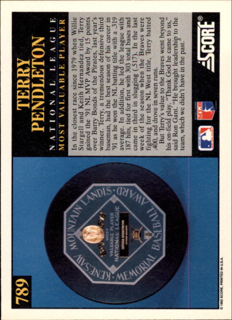 1992 Score #789 Terry Pendleton MVP back image