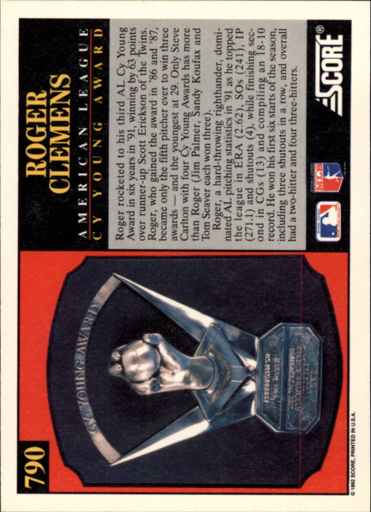 1992 Score #790 Roger Clemens CY back image