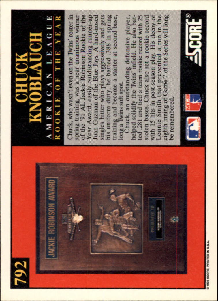 1992 Score #792 Chuck Knoblauch ROY back image