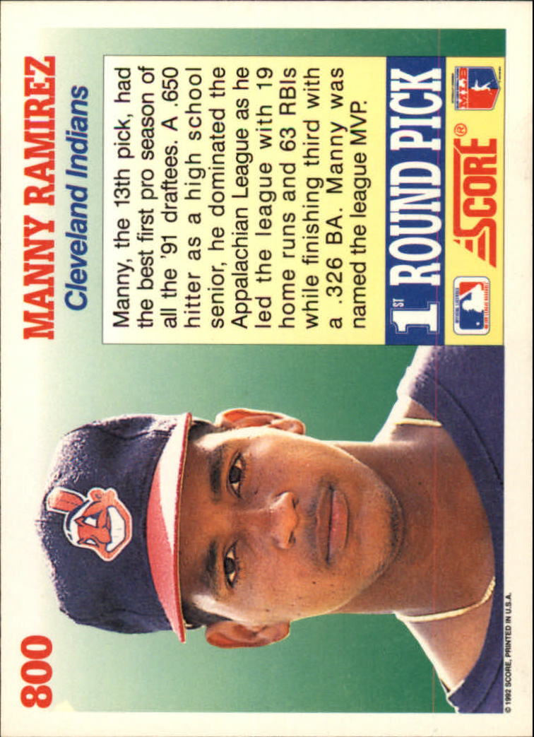 1992 Score #800 Manny Ramirez RC back image