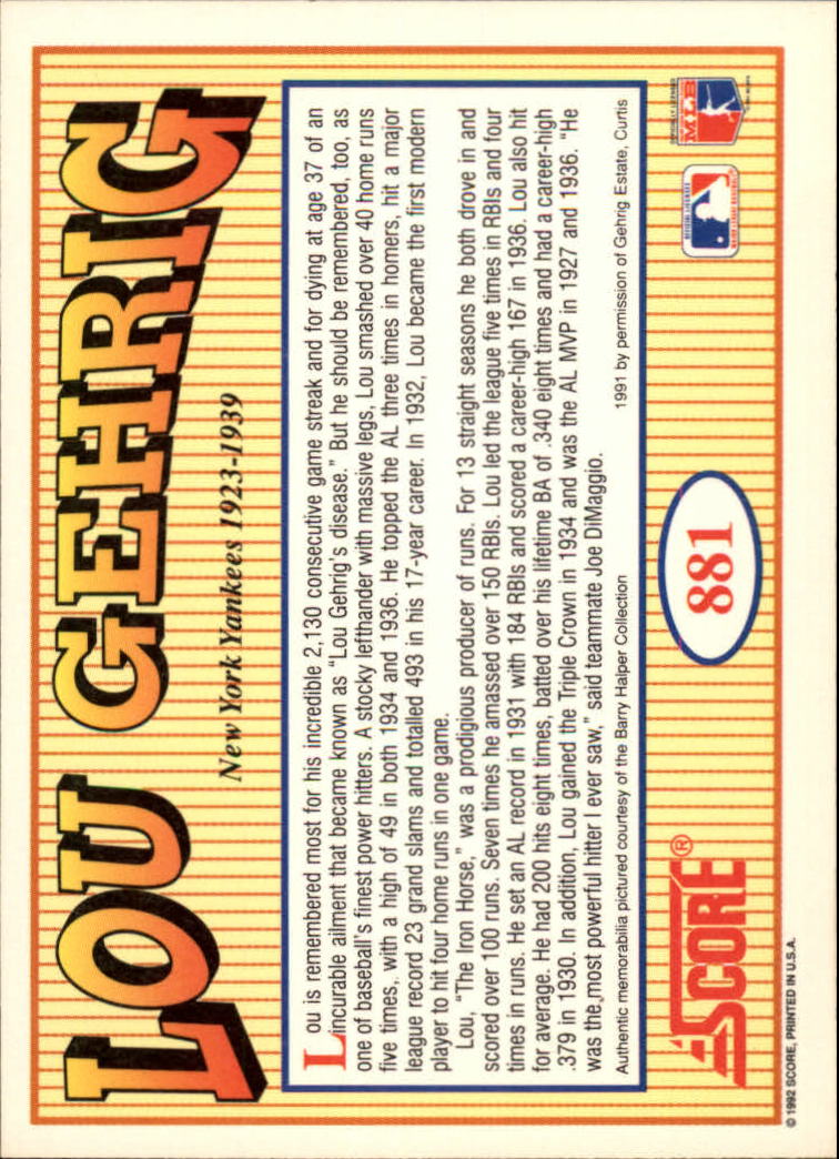 1992 Score #881 Lou Gehrig MEMO back image