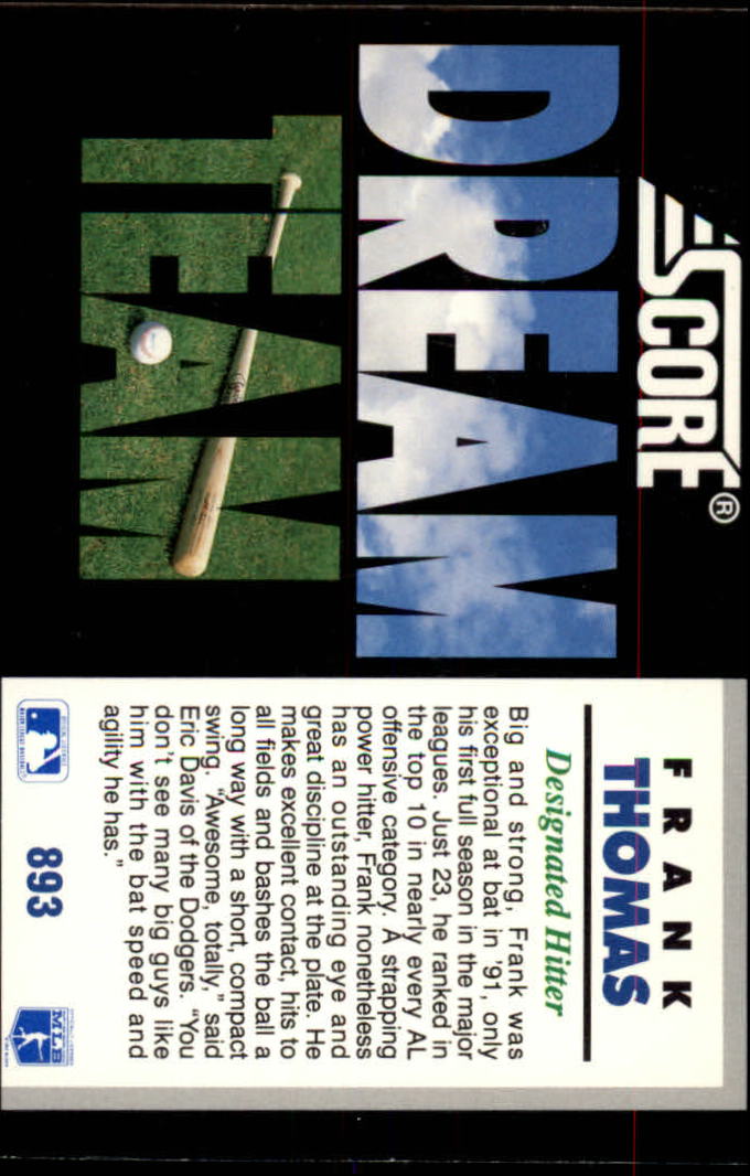 1992 Score #893 Frank Thomas DT back image