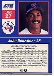 1992 Score Impact Players #27 Juan Gonzalez back image