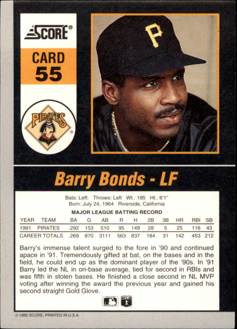 1992 Score Impact Players #55 Barry Bonds back image