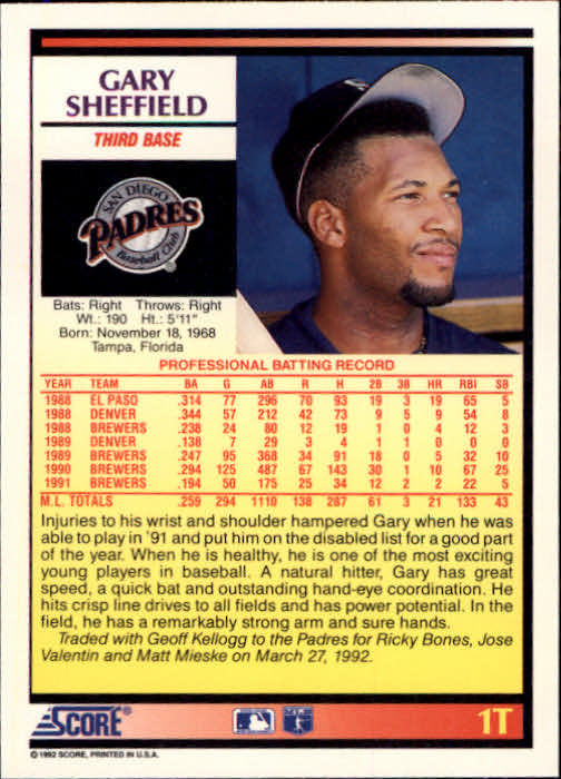 1992 Score Rookie/Traded #1T Gary Sheffield back image