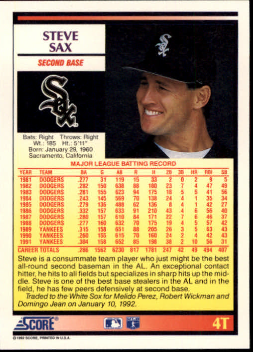 1992 Score Rookie/Traded #4T Steve Sax back image
