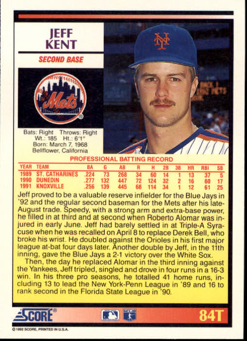 1992 Score Rookie/Traded #84T Jeff Kent RC back image