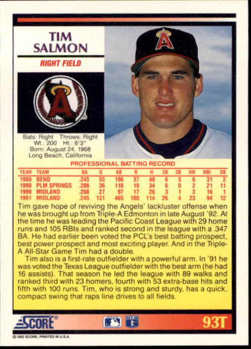 1992 Score Rookie/Traded #93T Tim Salmon back image